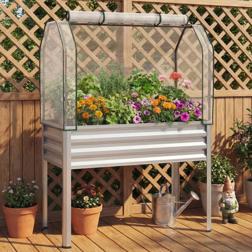 2 Pieces Galvanized Raised Garden Bed with Legs and Greenhouse Cover for Vegetable Flower-Silver - Silver - Raised