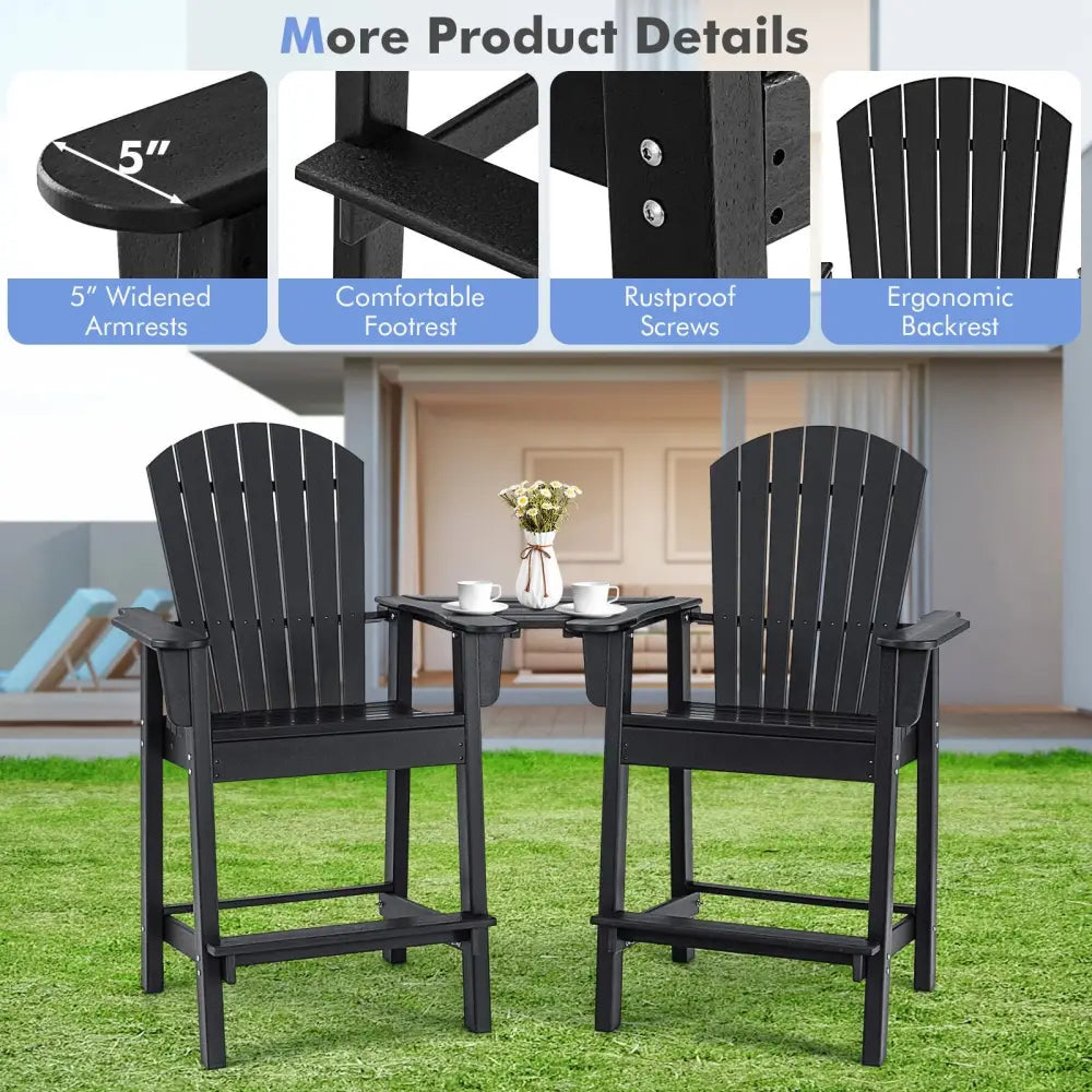 2 Pieces HDPE Tall Adirondack Chair with Middle Connecting Tray-Black - Black - Adirondack Chairs