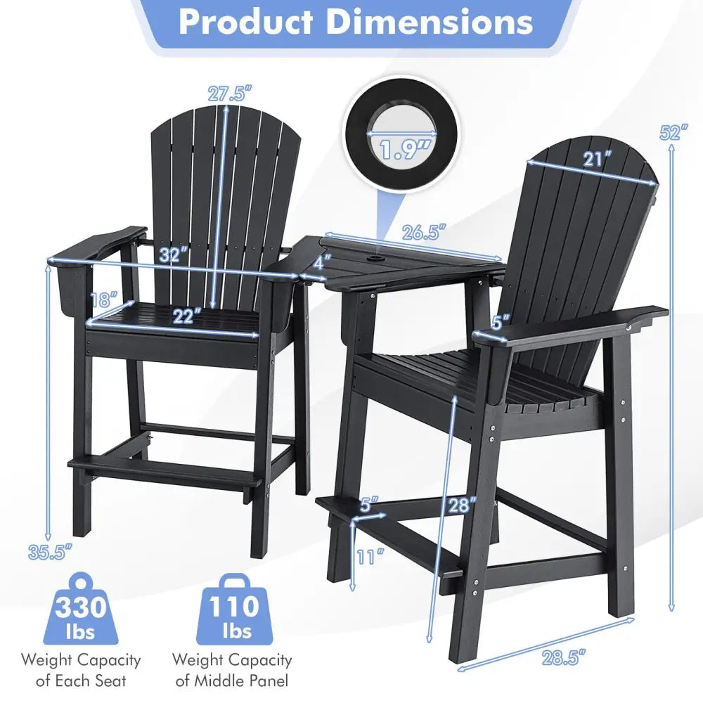 2 Pieces HDPE Tall Adirondack Chair with Middle Connecting Tray-Black - Black - Adirondack Chairs