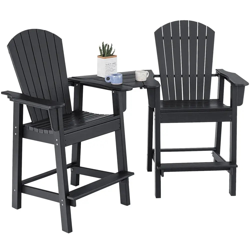 2 Pieces HDPE Tall Adirondack Chair with Middle Connecting Tray-Black - Black - Adirondack Chairs