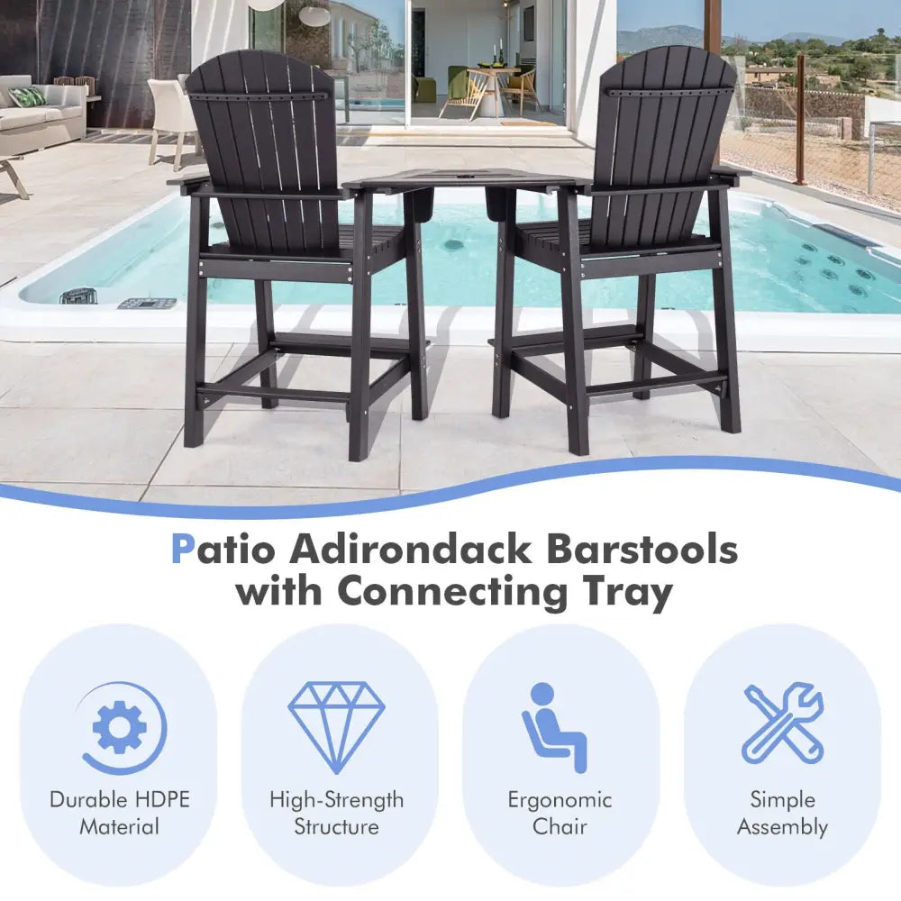 2 Pieces HDPE Tall Adirondack Chair with Middle Connecting Tray-Black - Black - Adirondack Chairs