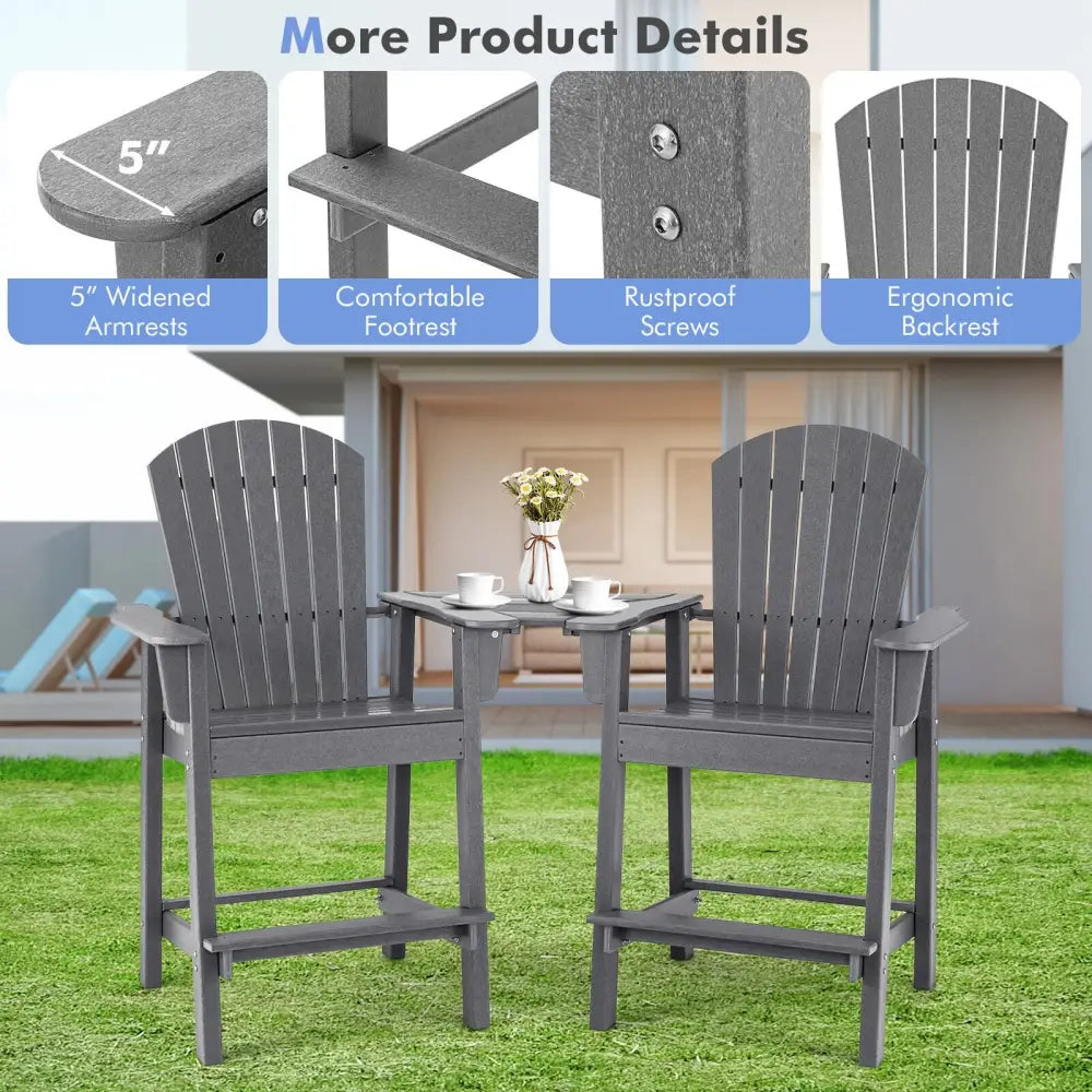 2 Pieces HDPE Tall Adirondack Chair with Middle Connecting Tray-Gray - Gray - Adirondack Chairs