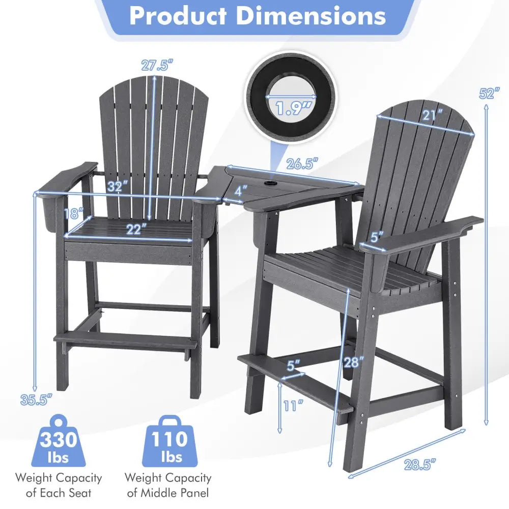 2 Pieces HDPE Tall Adirondack Chair with Middle Connecting Tray-Gray - Gray - Adirondack Chairs