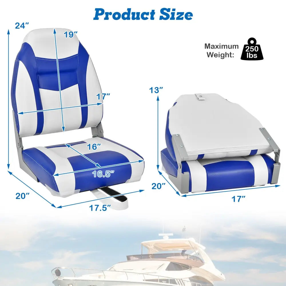 2 Pieces High Back Folding Boat Seat Set with Sponge Cushion-Blue - Blue - Water Sports