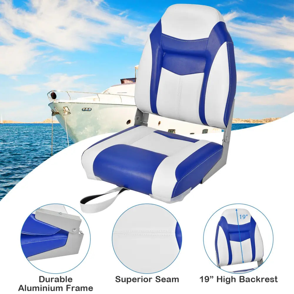 2 Pieces High Back Folding Boat Seat Set with Sponge Cushion-Blue - Blue - Water Sports