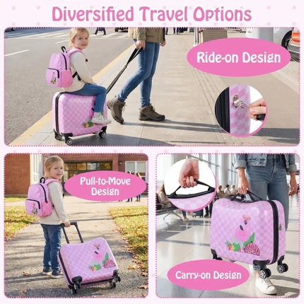 2 Pieces Kid Luggage Set with Spinner Wheels and Aluminum Handle - White & Pink - Oasis Home Essentials