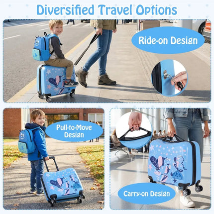 2 Pieces Kid Luggage Set with Spinner Wheels and Aluminum Handle - Blue - Oasis Home Essentials