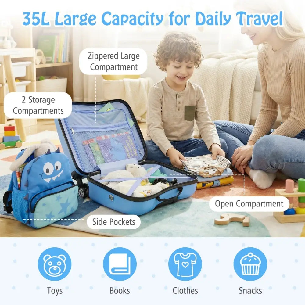 2 Pieces Kid Luggage Set with Spinner Wheels and Aluminum Handle - Blue - Oasis Home Essentials