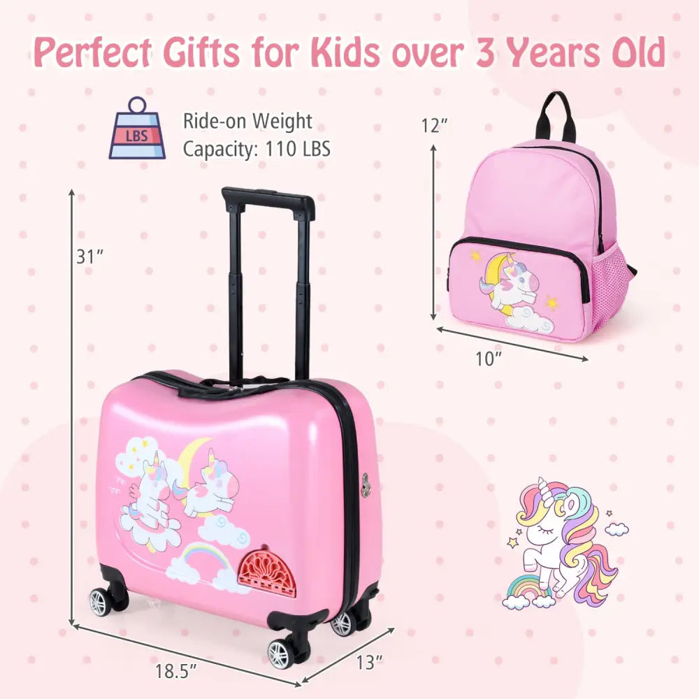 2 Pieces Kid Luggage Set with Spinner Wheels and Aluminum Handle-Pink - Pink - Kids Luggage