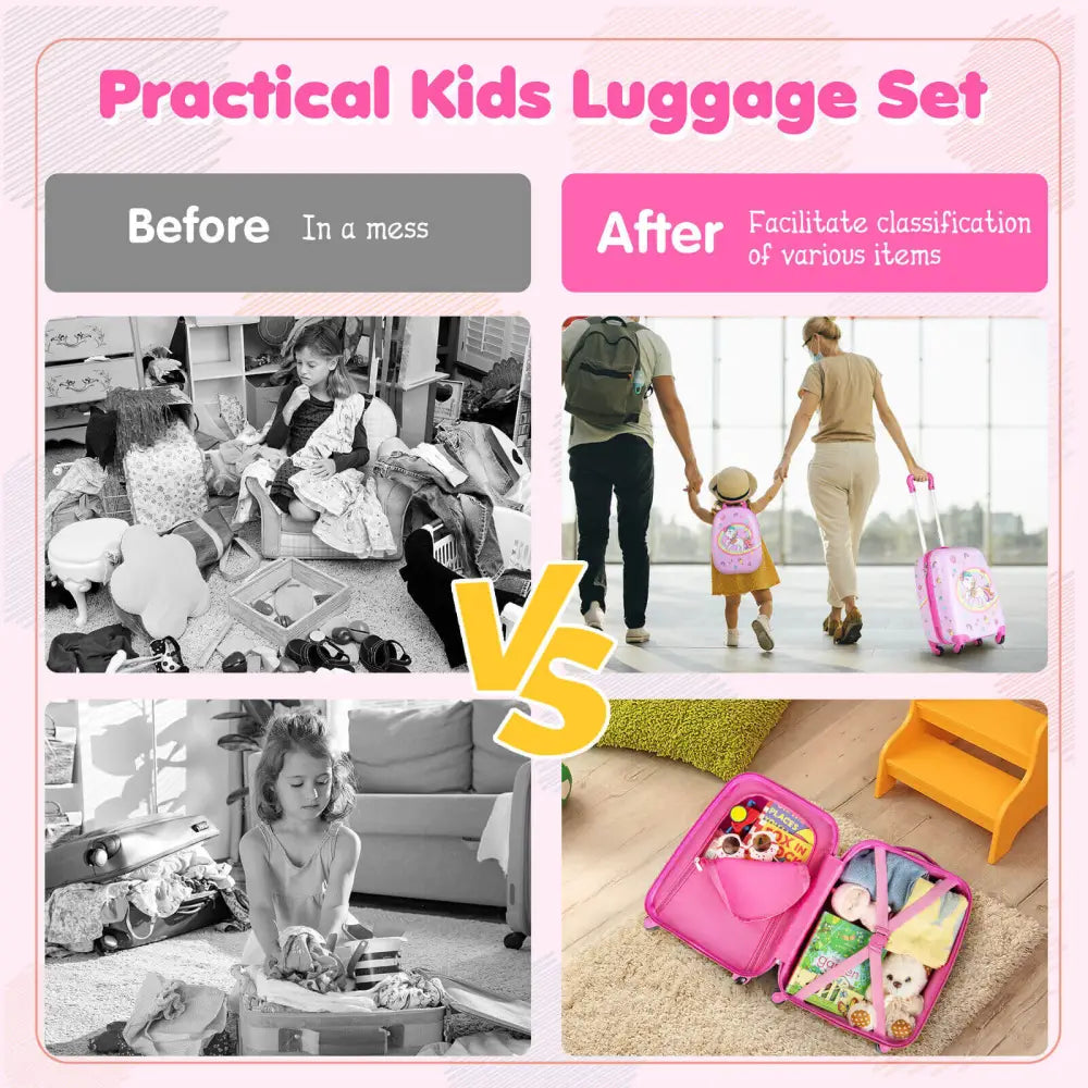 2 Pieces Kids Carry - on Luggage Set with 12 Inch Backpack - Pink - Oasis Home Essentials