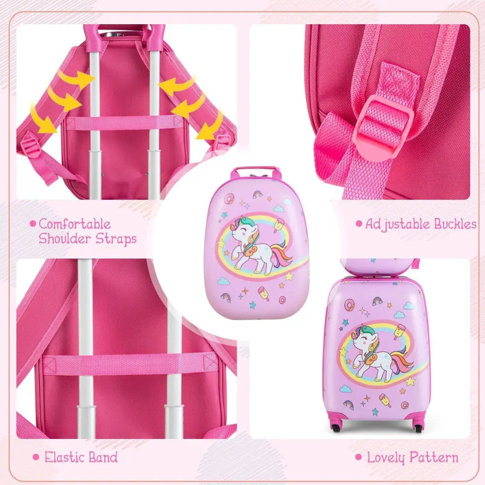 2 Pieces Kids Carry - on Luggage Set with 12 Inch Backpack - Pink - Oasis Home Essentials
