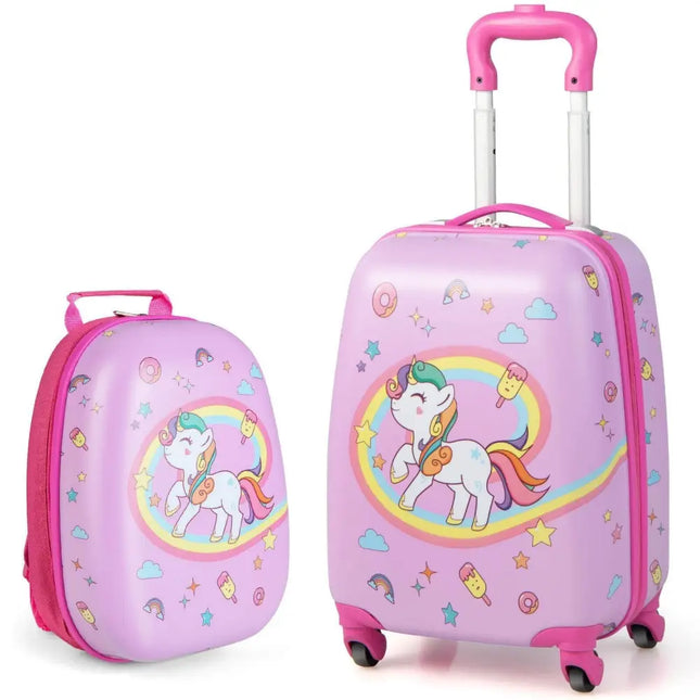 2 Pieces Kids Carry - on Luggage Set with 12 Inch Backpack - Pink - Oasis Home Essentials