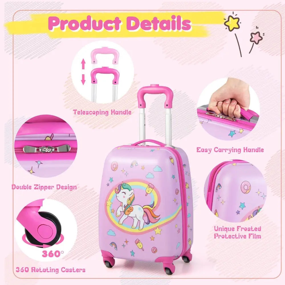 2 Pieces Kids Carry - on Luggage Set with 12 Inch Backpack - Pink - Oasis Home Essentials