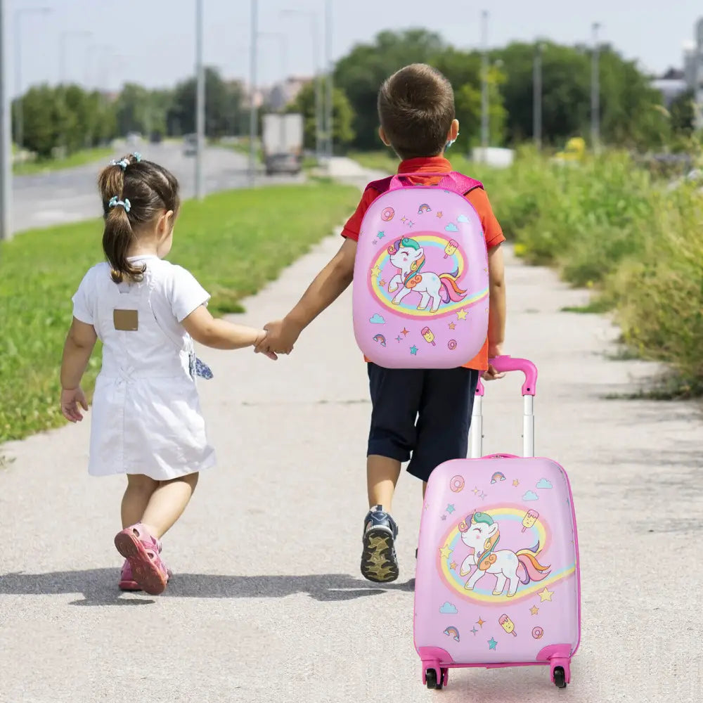 2 Pieces Kids Carry - on Luggage Set with 12 Inch Backpack - Pink - Oasis Home Essentials