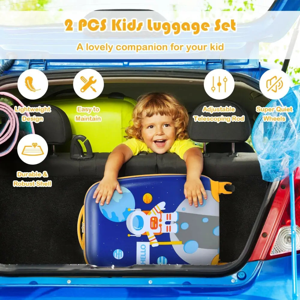 2 Pieces Kids Lightweight Luggage Set with Backpack and Suitcase for Travel - Blue - Kids Luggage