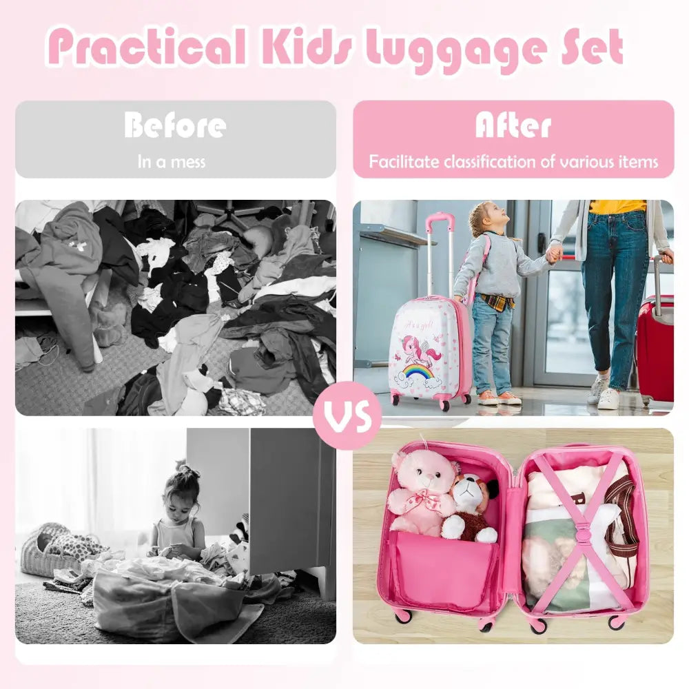 2 Pieces Kids Luggage Set 12 Inch Backpack and 16 Inch Kid Carry on Suitcase with Wheels - Pink - Kids Luggage