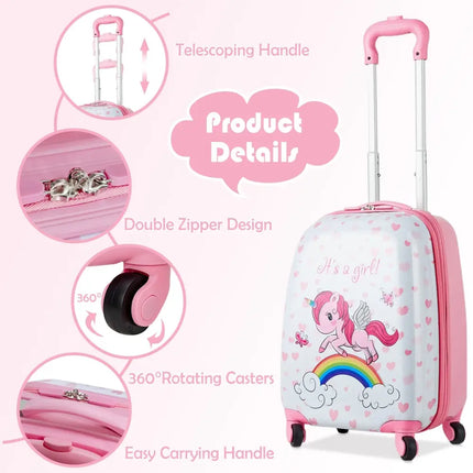 2 Pieces Kids Luggage Set 12 Inch Backpack and 16 Inch Kid Carry on Suitcase with Wheels - Pink - Kids Luggage