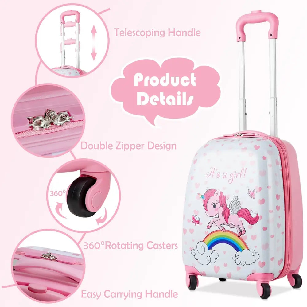 2 Pieces Kids Luggage Set 12 Inch Backpack and 16 Inch Kid Carry on Suitcase with Wheels - Pink - Kids Luggage