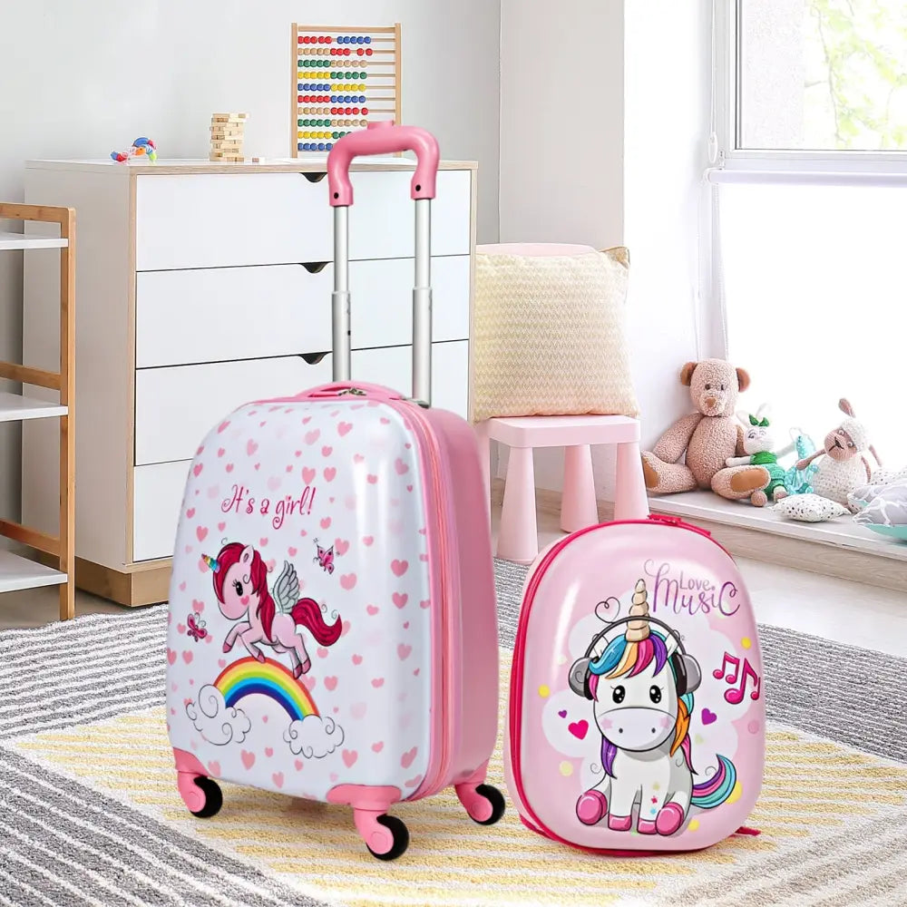 2 Pieces Kids Luggage Set 12 Inch Backpack and 16 Inch Kid Carry on Suitcase with Wheels - Pink - Kids Luggage
