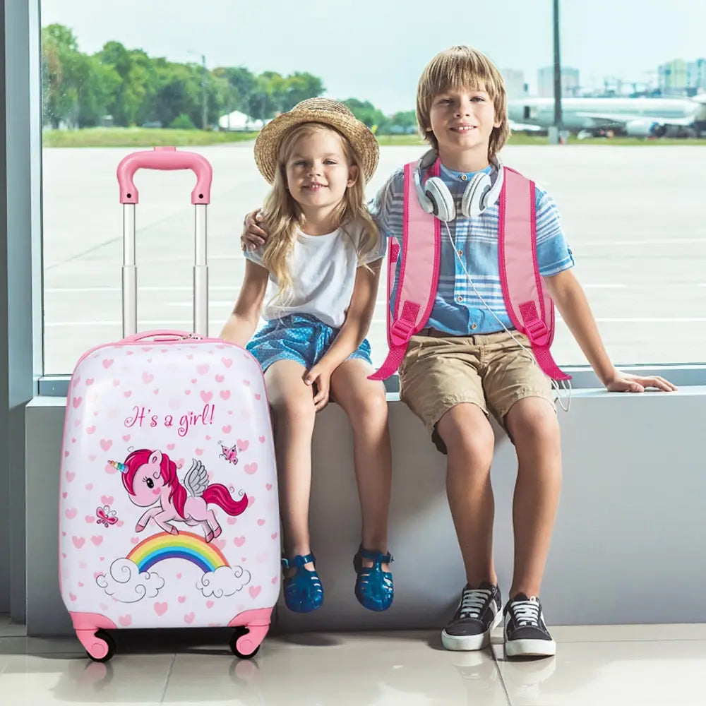 2 Pieces Kids Luggage Set 12 Inch Backpack and 16 Inch Kid Carry on Suitcase with Wheels - Pink - Kids Luggage