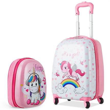 2 Pieces Kids Luggage Set 12 Inch Backpack and 16 Inch Kid Carry on Suitcase with Wheels - Pink - Kids Luggage