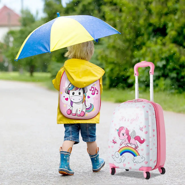 2 Pieces Kids Luggage Set 12 Inch Backpack and 16 Inch Kid Carry on Suitcase with Wheels - Pink - Kids Luggage