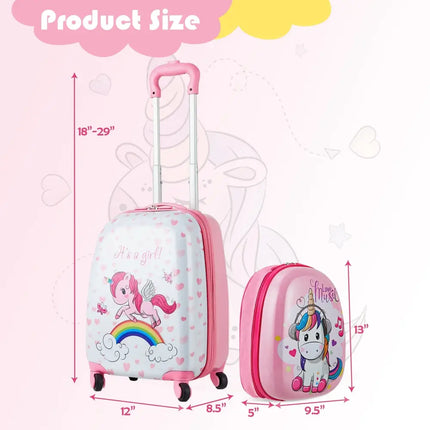 2 Pieces Kids Luggage Set 12 Inch Backpack and 16 Inch Kid Carry on Suitcase with Wheels - Pink - Kids Luggage