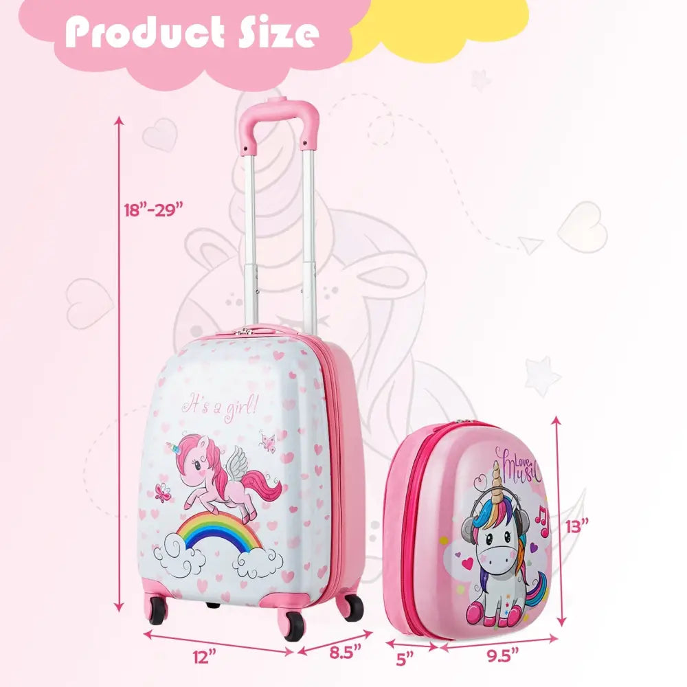 2 Pieces Kids Luggage Set 12 Inch Backpack and 16 Inch Kid Carry on Suitcase with Wheels - Pink - Kids Luggage