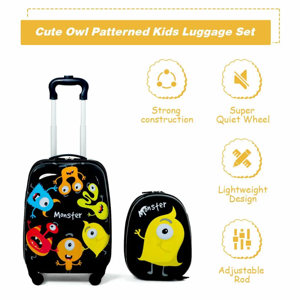 2 Pieces Kids Luggage Set 12 Inch Backpack and 16 Inch Rolling Suitcase - Black - Kids Luggage