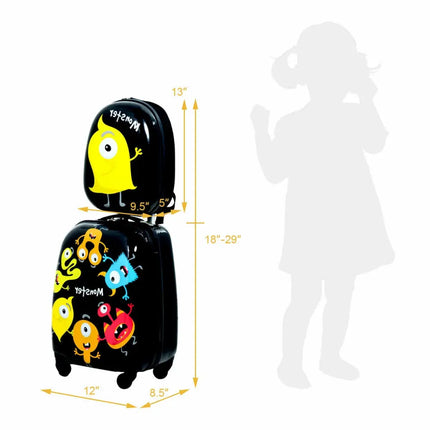 2 Pieces Kids Luggage Set 12 Inch Backpack and 16 Inch Rolling Suitcase - Black - Kids Luggage