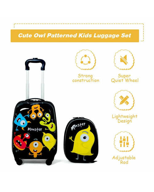 2 Pieces Kids Luggage Set 12 Inch Backpack and 16 Inch Rolling Suitcase - Black - Kids Luggage
