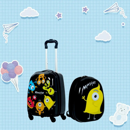 2 Pieces Kids Luggage Set 12 Inch Backpack and 16 Inch Rolling Suitcase - Black - Kids Luggage
