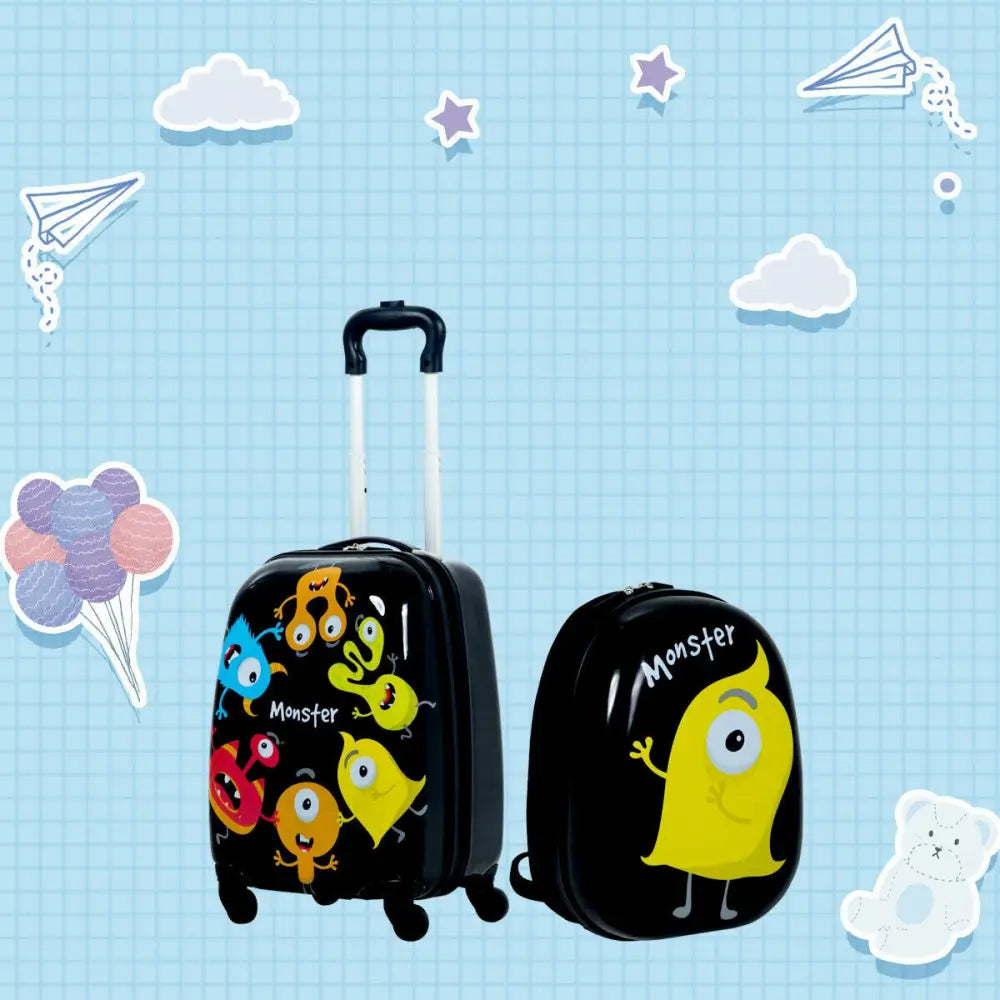 2 Pieces Kids Luggage Set 12 Inch Backpack and 16 Inch Rolling Suitcase - Black - Kids Luggage