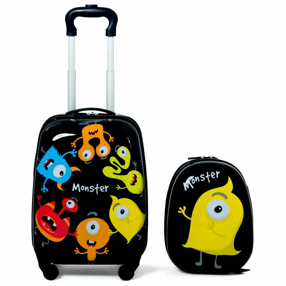 2 Pieces Kids Luggage Set 12 Inch Backpack and 16 Inch Rolling Suitcase - Black - Kids Luggage
