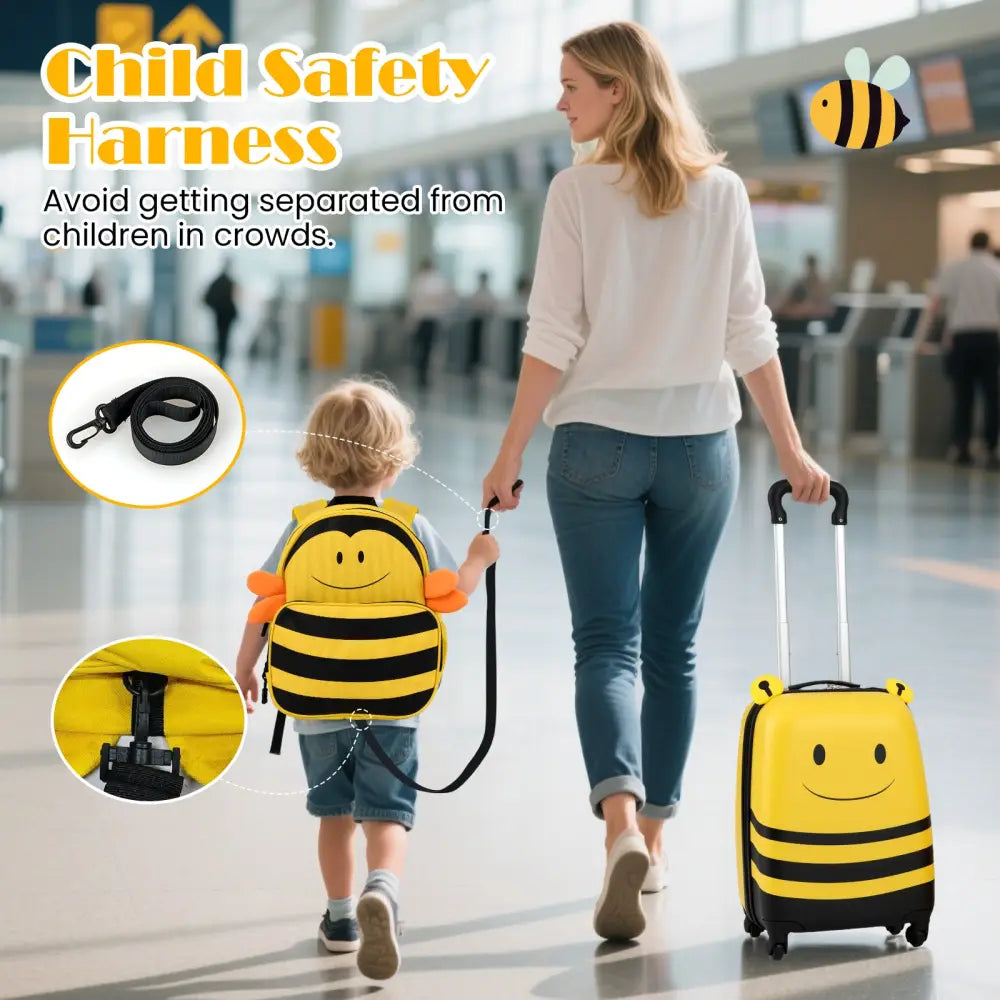 2 Pieces Kids Luggage Set on Wheels with Anti-Lose Rope and Retractable Rod-Yellow - Yellow - Kids Luggage