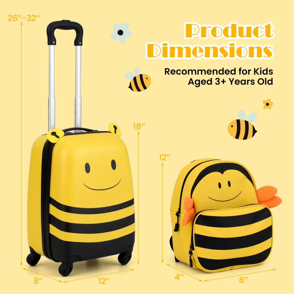 2 Pieces Kids Luggage Set on Wheels with Anti-Lose Rope and Retractable Rod-Yellow - Yellow - Kids Luggage