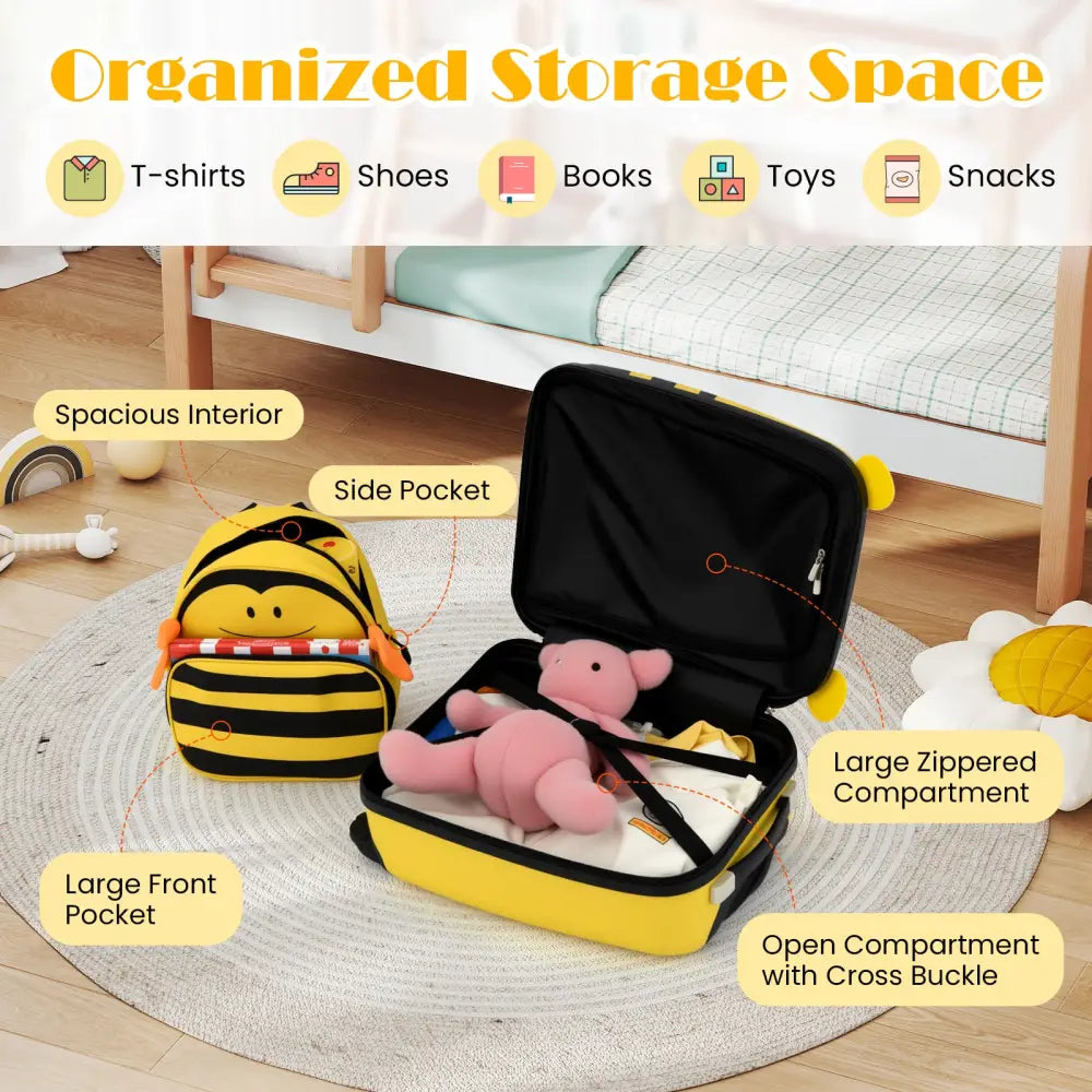 2 Pieces Kids Luggage Set on Wheels with Anti-Lose Rope and Retractable Rod-Yellow - Yellow - Kids Luggage
