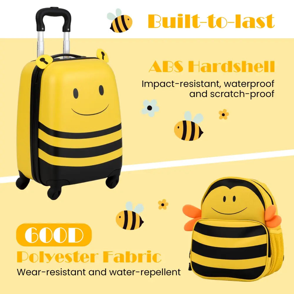 2 Pieces Kids Luggage Set on Wheels with Anti-Lose Rope and Retractable Rod-Yellow - Yellow - Kids Luggage