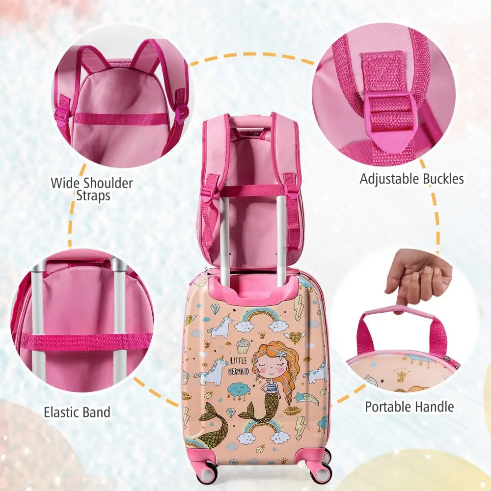 2 Pieces Kids Luggage Set Rolling Suitcase and Backpack-Pink - Pink - Kids Luggage