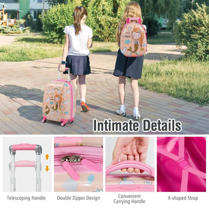 2 Pieces Kids Luggage Set Rolling Suitcase and Backpack-Pink - Pink - Kids Luggage