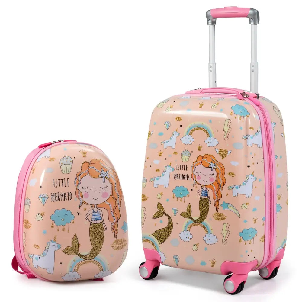 2 Pieces Kids Luggage Set Rolling Suitcase and Backpack-Pink - Pink - Kids Luggage