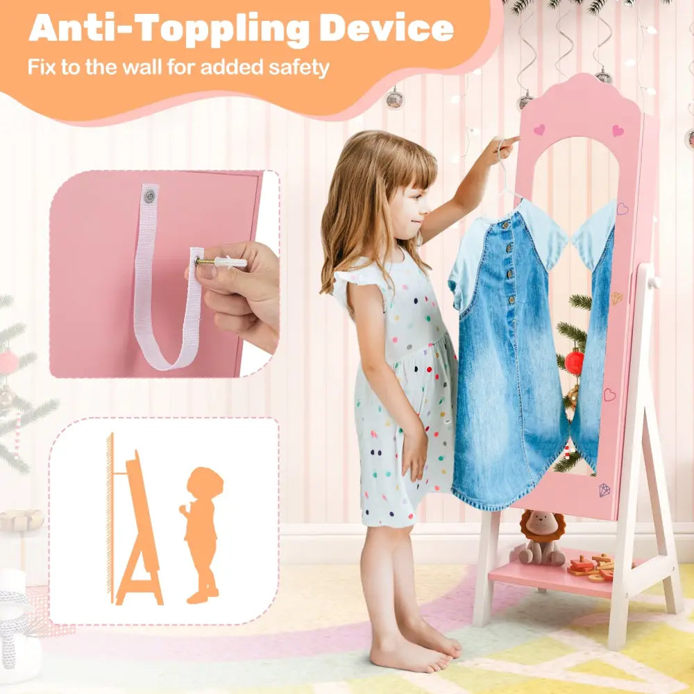 2 Pieces Kids Vanity Set and Jewelry Armoire Cabinet with Full-length Mirror-Pink - Pink - Kids Vanities