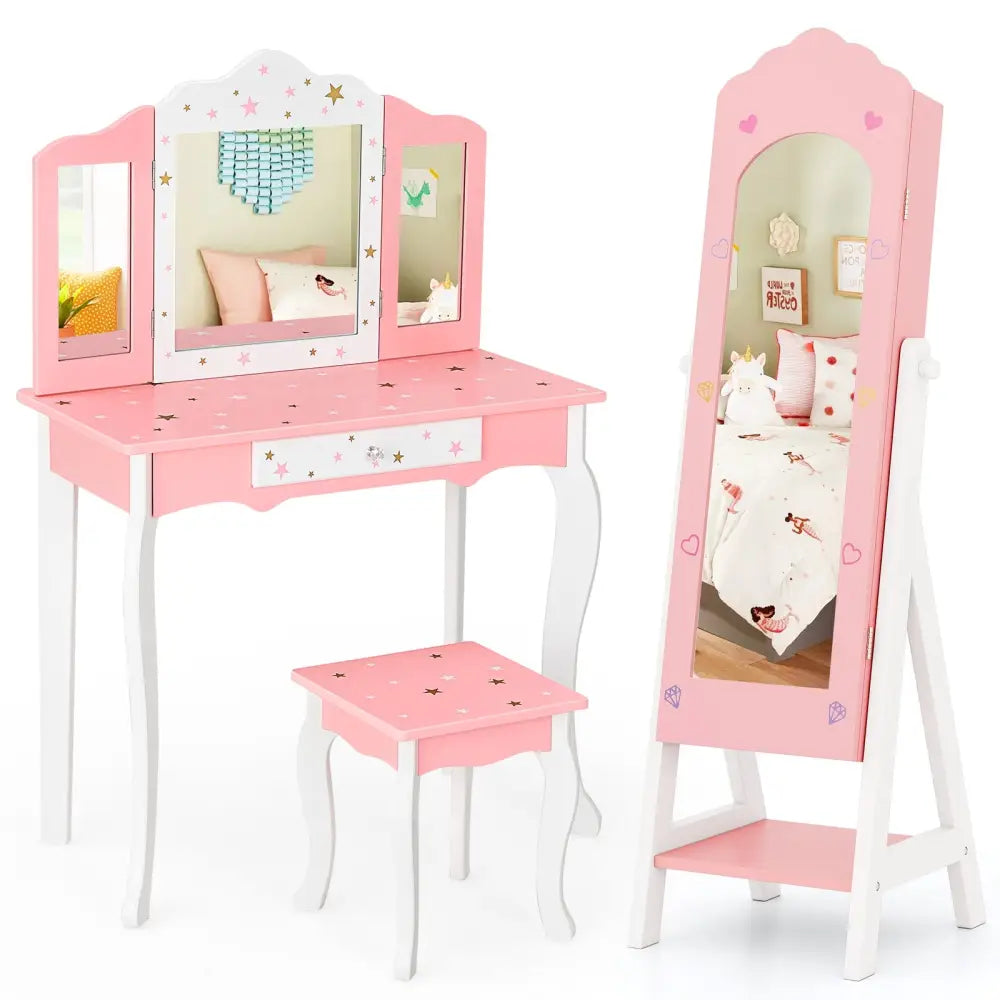2 Pieces Kids Vanity Set and Jewelry Armoire Cabinet with Full-length Mirror-Pink - Pink - Kids Vanities