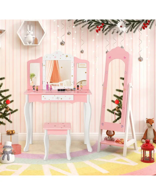 2 Pieces Kids Vanity Set and Jewelry Armoire Cabinet with Full-length Mirror-Pink - Pink - Kids Vanities