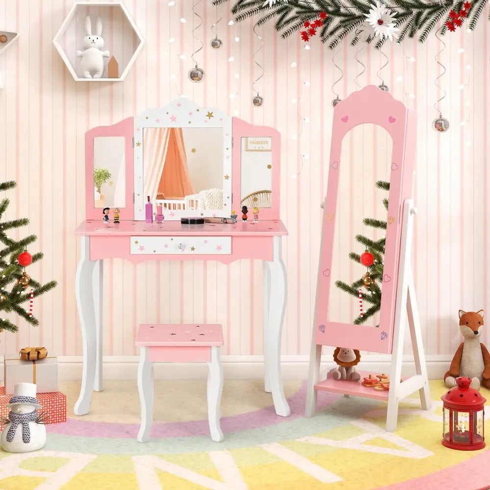2 Pieces Kids Vanity Set and Jewelry Armoire Cabinet with Full-length Mirror-Pink - Pink - Kids Vanities