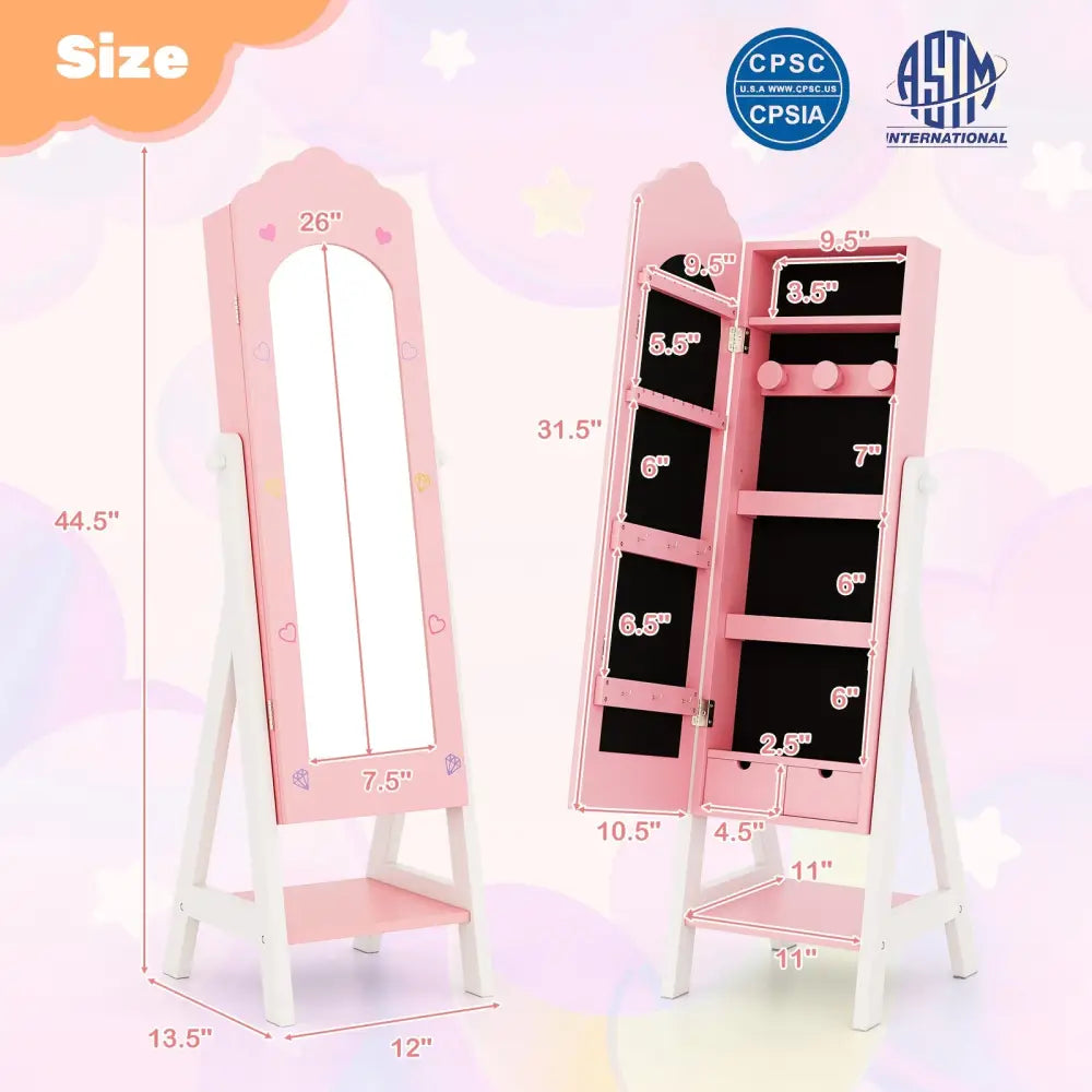 2 Pieces Kids Vanity Set and Jewelry Armoire Cabinet with Full-length Mirror-Pink - Pink - Kids Vanities