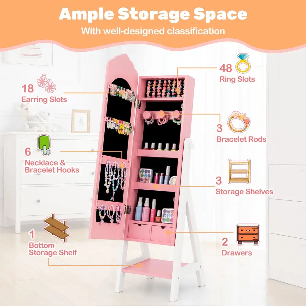 2 Pieces Kids Vanity Set and Jewelry Armoire Cabinet with Full-length Mirror-Pink - Pink - Kids Vanities