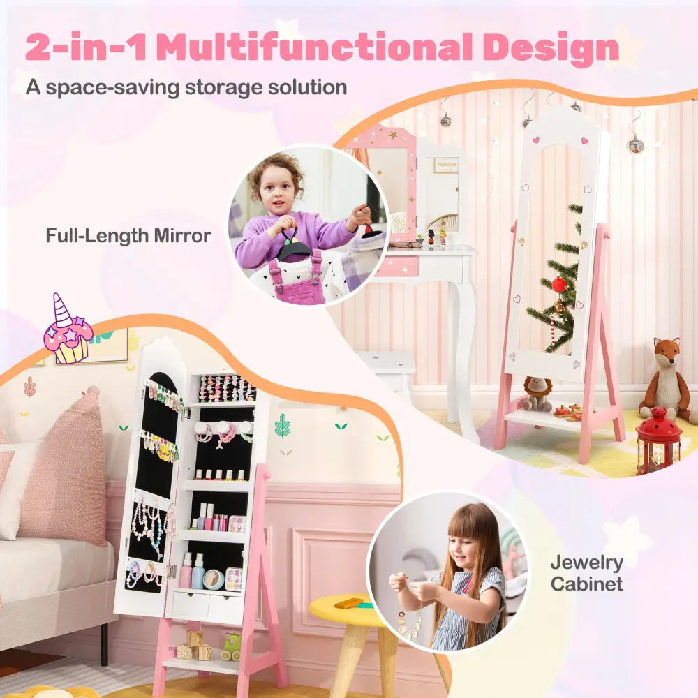 2 Pieces Kids Vanity Set and Jewelry Armoire Cabinet with Full-length Mirror-White - White - Kids Vanities