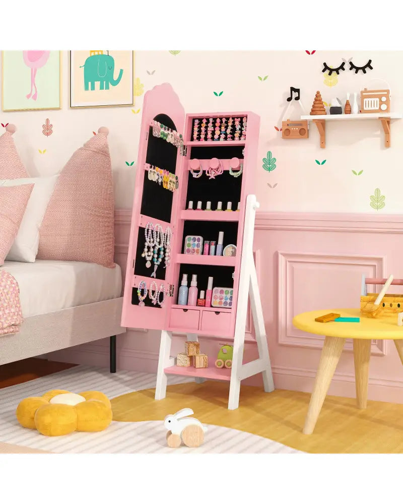 2 Pieces Kids Vanity Set and Jewelry Armoire Cabinet with Full-length Mirror-Pink - Pink - Kids Vanities