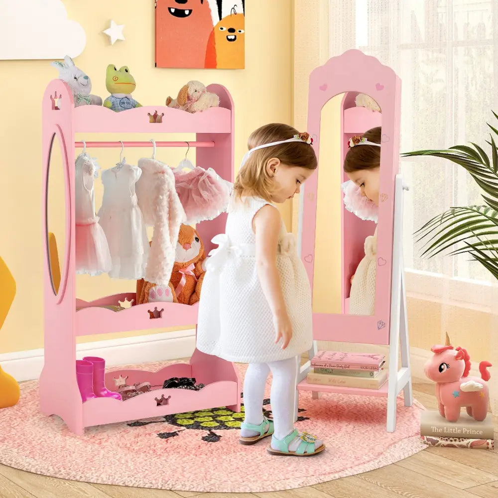 2 Pieces Kids Vanity Set and Jewelry Armoire Cabinet with Full-length Mirror-Pink - Pink - Kids Vanities